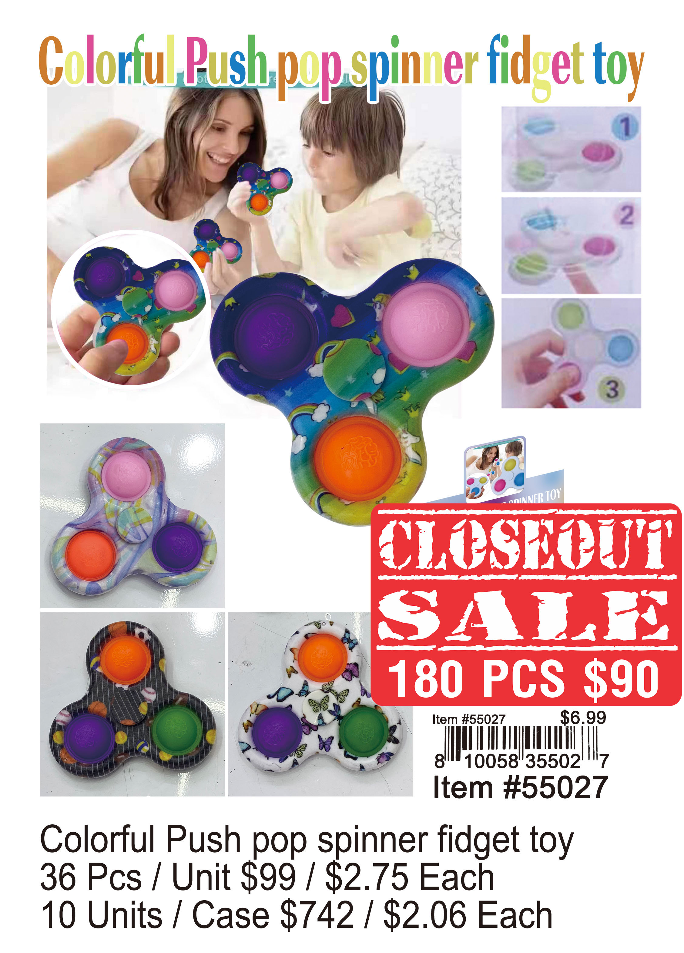 Colorful Push Pop Spinner Fidget Toy Mega